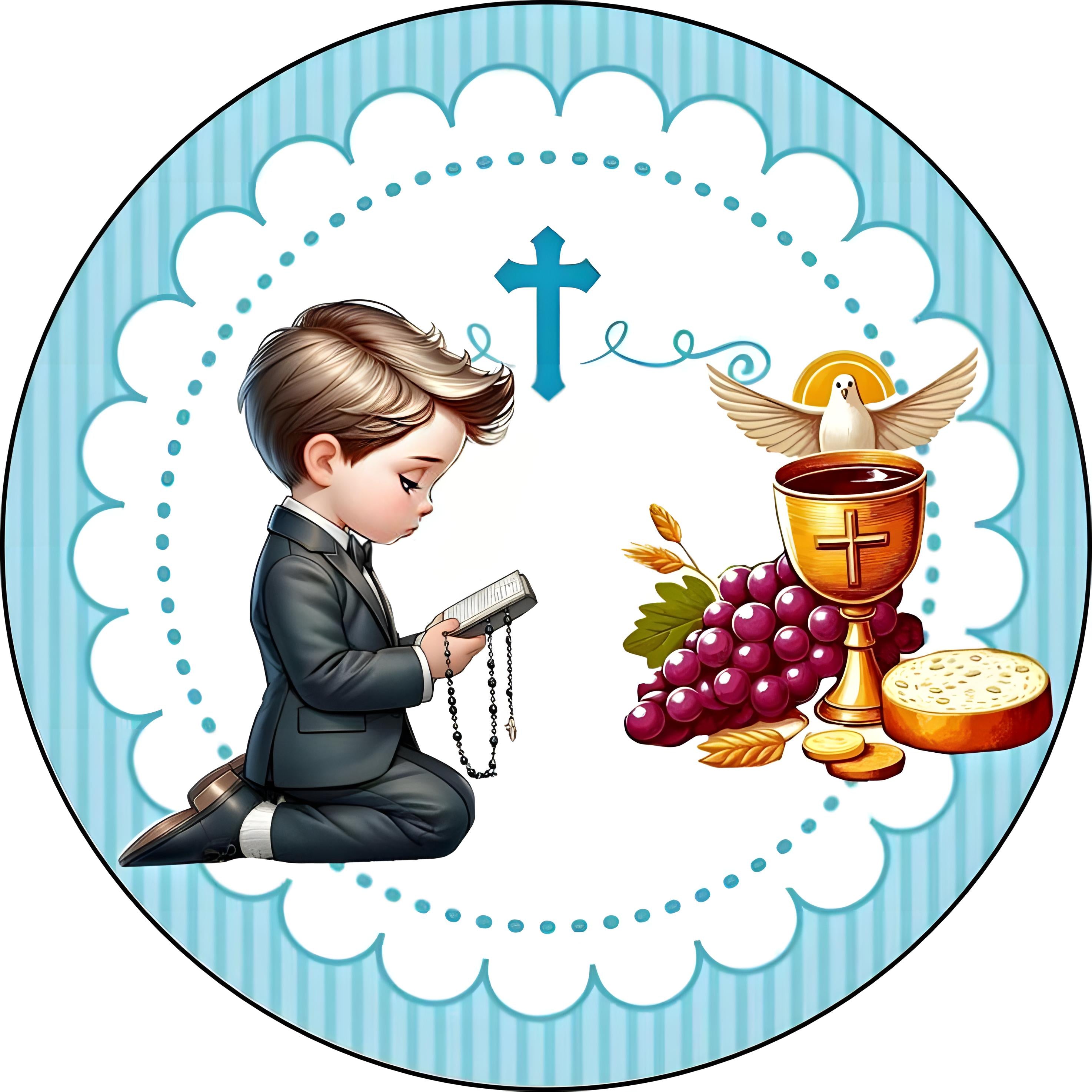 Topper comestible personalizado para comunión infantil de niño con estilo cartoon, cáliz dorado y fondo azul colorido