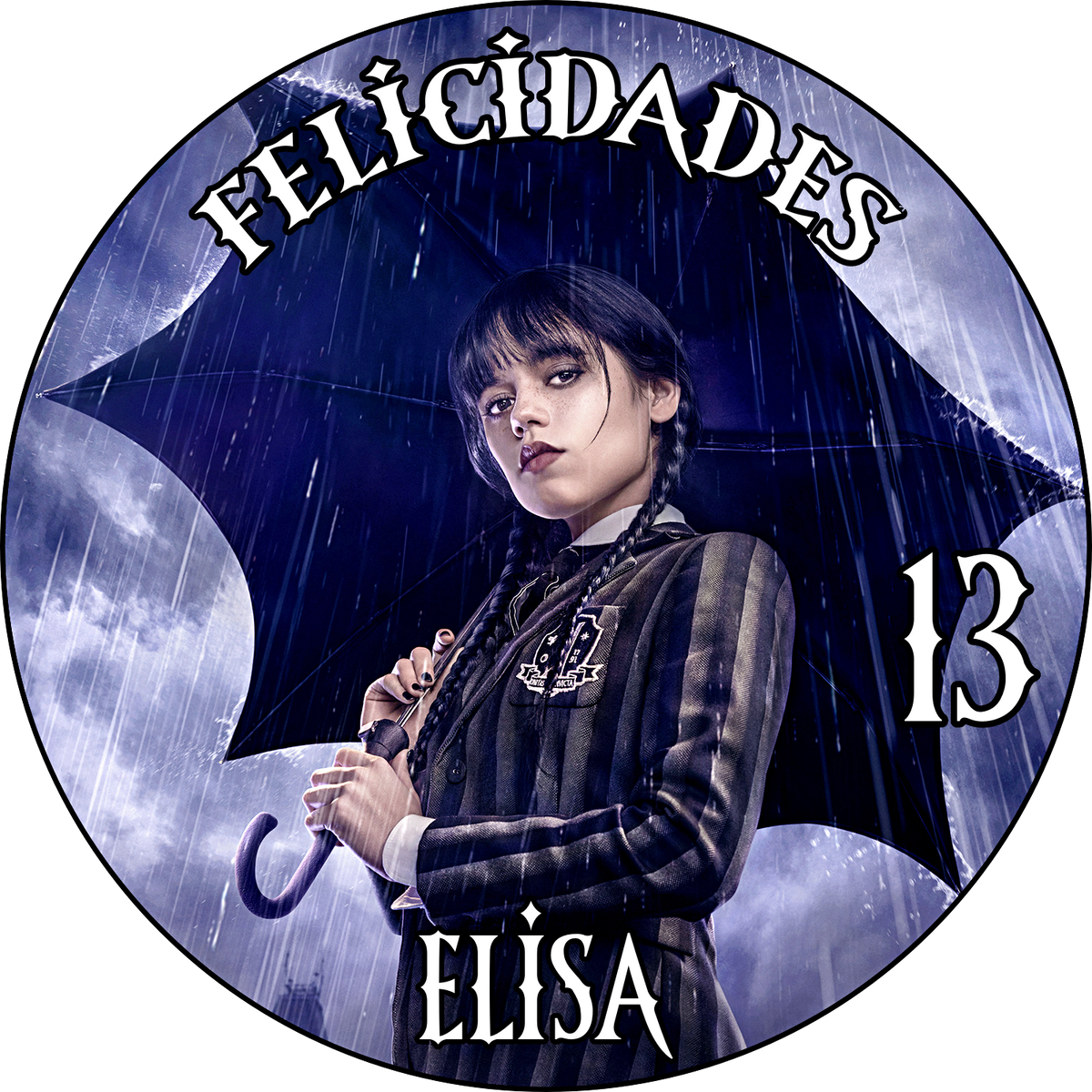 Oblea Comestible WEDNESDAY para Tartas y Magdalenas – Personalizada con Foto, Nombre y Edad